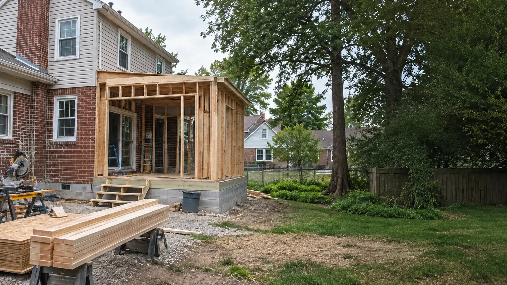 Wood-framed porch addition under construction on a Cincinnati-area home